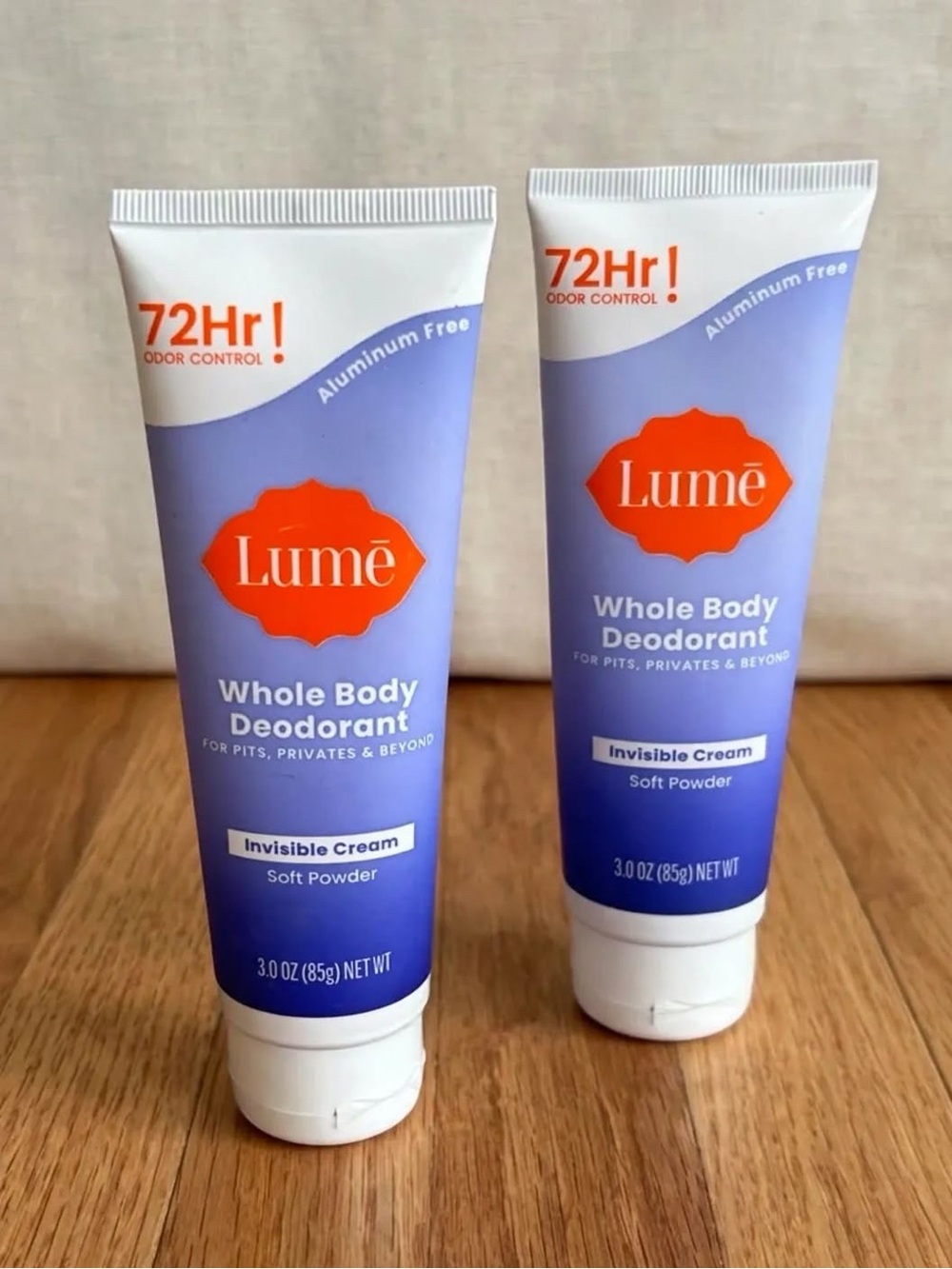 Lume Whole Body Deodorant Invisible Cream - Soft Powder (Purple) set of two 3 oz